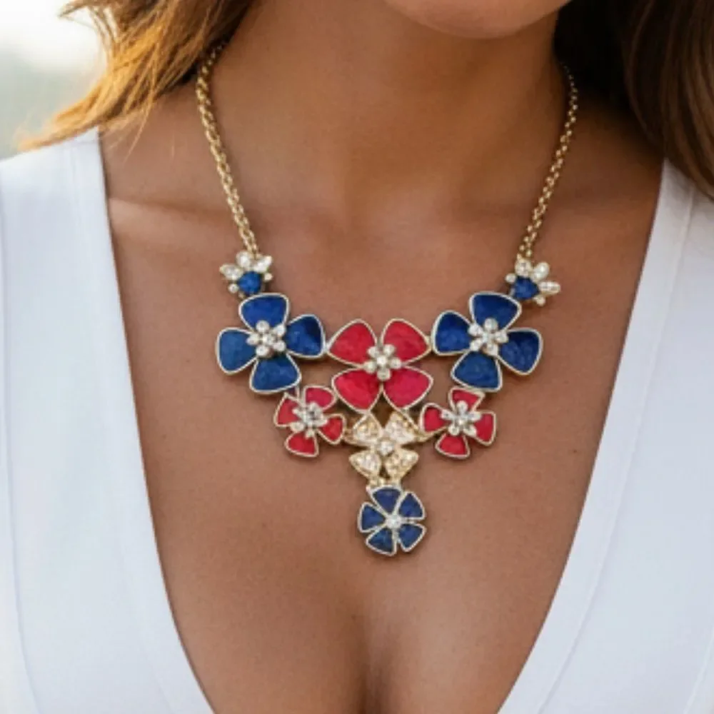 The Limited ORANGE and BLUE Flower Necklace with Gold Chain